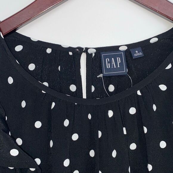 New Gap Ruffle Shoulder Long Sleeve Polka Dot‎ Blouse Rayon Black White S - Picture 9 of 16
